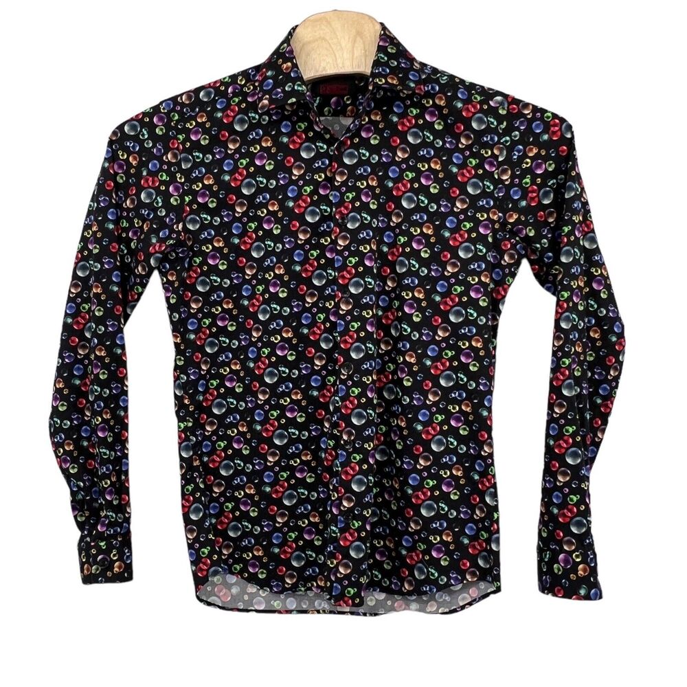 Jared Lang Black Button Up Multi Color Bubble Pri… - image 1